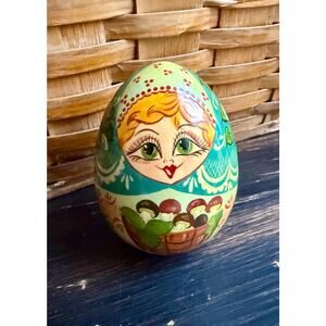 Vintage Russian Matryoshka Egg Doll, Hand Painted Wooden Nesting Style Egg